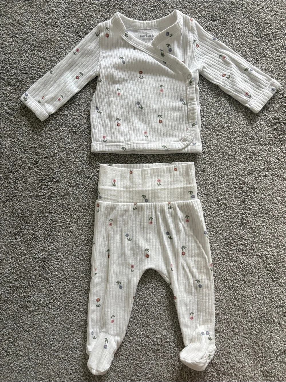 Carter's Cream Ribbed Floral Wrap Top and Footed Pants Set